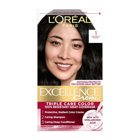 L'Oreal Paris Excellence CrÃ¨me Permanent Hair Dye, Triple Care Hair Color with Hyaluronic Acid for 100% Gray Coverage, 1 Black, 1 Kit (Packaging May Vary)