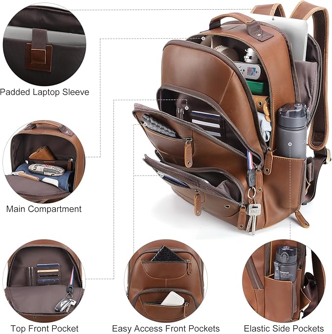 TIDING Leather Backpack for Men Fits 16" 15.6” Laptop, Vintage Business Travel Work Bag Large Overnight Weekender Daypack