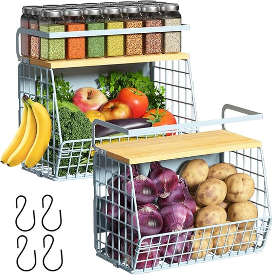 Magnetic Shelf for Fridge with Wood Lid, Fruit Potato and Onion Storage Bins, Pantry Organizers & Storage, Large Container Magnetic Spice Rack for Refrigerator, Kitchen Counter, Cabinet (Blue, 2)