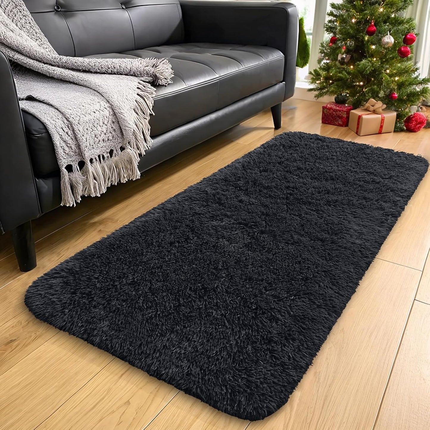 OLANLY 2x8 Machine Washable Runner Rug - Soft Fluffy Shaggy Design for Hallway & Bedroom - Black