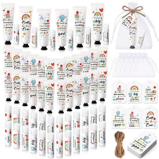 Dimsile 24 Set Appreciation Teacher Gifts Bulk Lip Balm Hand Cream Thank You Gift with Cards Organza Bags Travel Size Moisturizing Hand Lotion for Back to School Appreciation Teacher Gifts