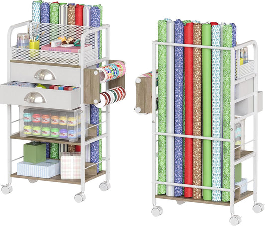 Rolling Craft Storage Cart - Multi-Tier Organizer with 2 Fabric Drawers & Lockable Wheels | 16.54x11.4x32.68 Inches