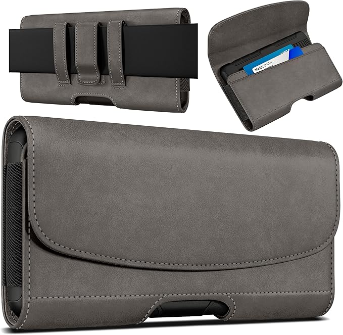 BOMEA Case for Large iPhone Plus, Pro Max 16 15 14 13 12 11 XS, Samsung Galaxy S25+ S24+ S23+ S22+ S21+, Cell Phone Belt Holster Clip, ID Card Holder Pouch, Fits with Case On, Pewter Large