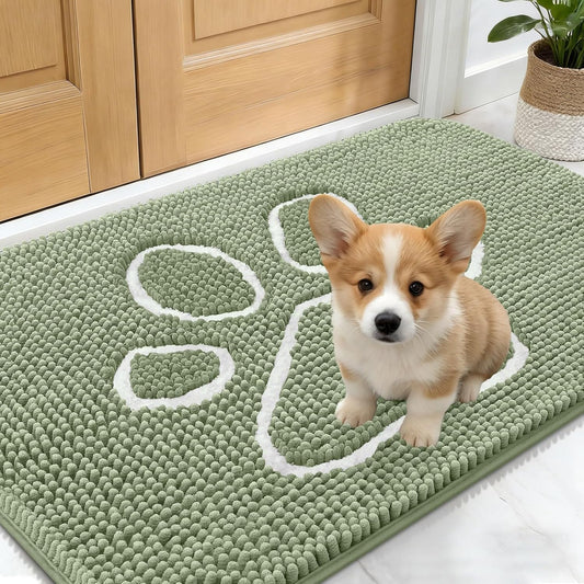 OLANLY Dog Door Mat - Absorbent Muddy Paws Doormat | Non-Slip Chenille 24x16 in Sage Green
