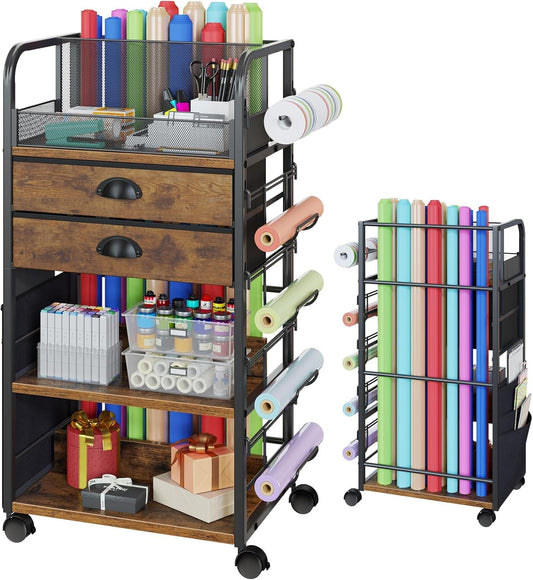 Wrapping Paper Storage Cart - Regine Switzerland Organizer with 2 Fabric Drawers & Lockable Wheels