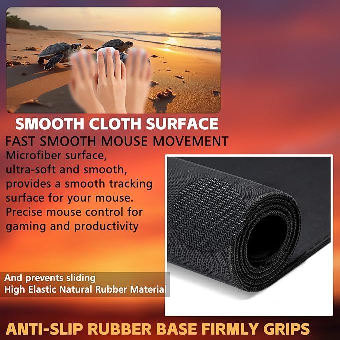 KOAIWPAE Large Gaming Mouse Pad for Desk, Baby Turtles On Beach Desk Mat, Cute Sea Turtle Desk Pad, 31.5"x15.7" Extended Big Computer Keyboard Mouse Pad with Non-Slip Base and Stitched Edge