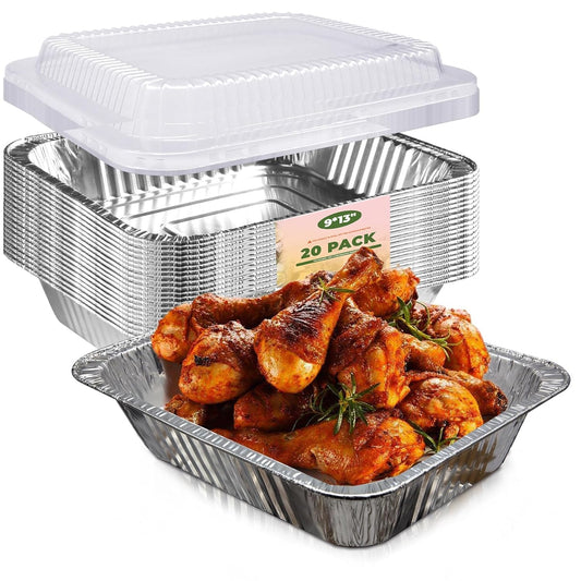 YLT WAX Aluminum Pans - 9x13 Disposable Foil Containers with Lids | 20 Pack Heavy Duty for Baking & Cooking