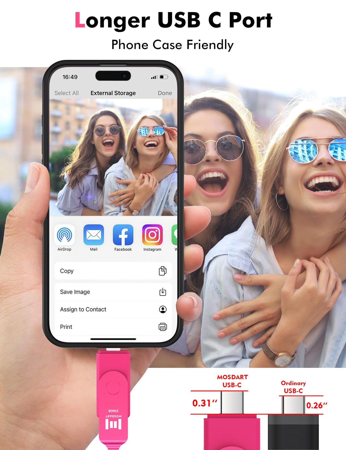 MOSDART 256GB USB 3.2 Fast Speed C and A Dual Flash Drive, exFAT Memory Stick with Keychain and LED Indicator, for iPhone 15,16,17, Android Phone, iPad, MacBook, and Other Laptops, Hot Pink