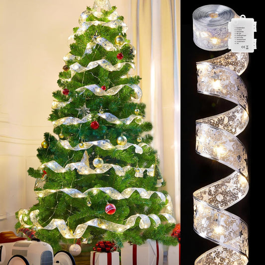 Minetom 33ft Christmas Tree Ribbon String Lights - 100 LED Battery Powered Fairy Lights with Timer