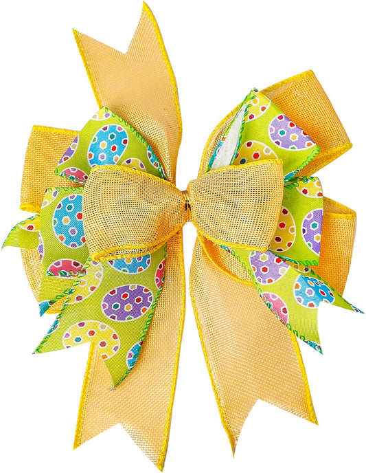 SIMISI Ribbon Easter Wreath Bow - Yellow Egg Basket Ornaments for Home Decor | 9.5 x 13 Inch