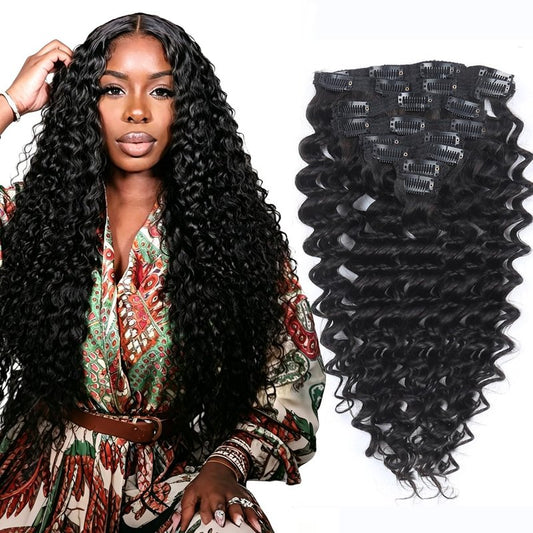 Deep Wave Clip in Hair Extensions Real Human Hair 14 Inch Deep Curly Clip ins for Women Invisible Seamless Remy Human Hair Clips in Extensions 8pcs 100g/3.5oz 20 Clips Double Weft Natural Black