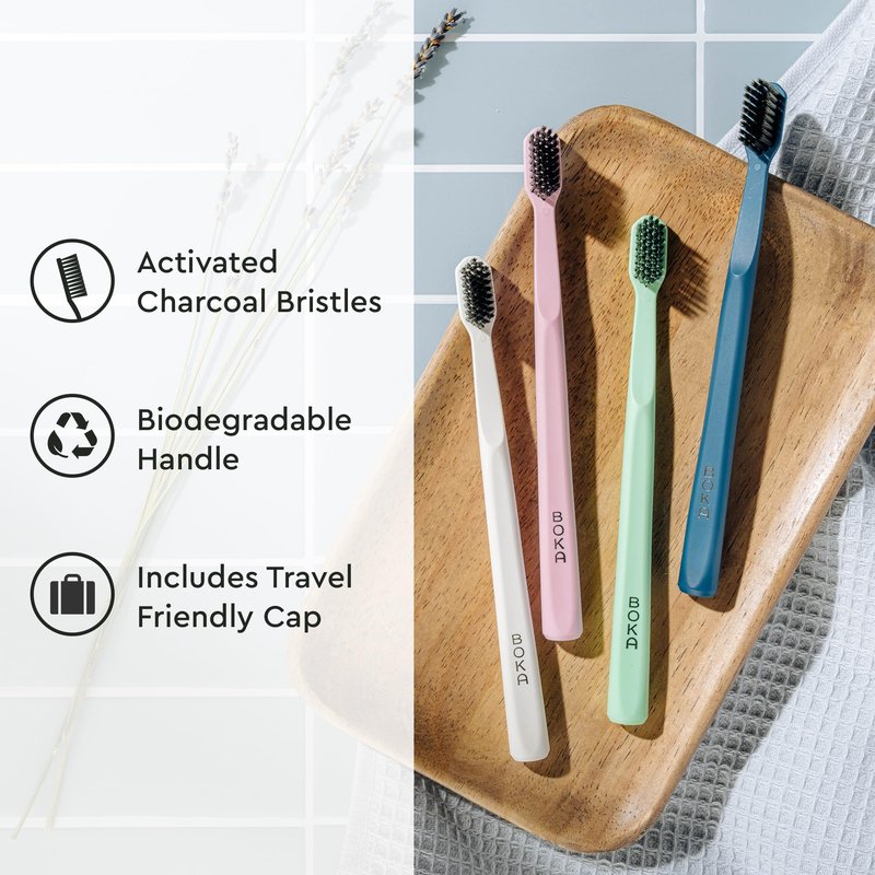 Boka Classic Manual Toothbrush with Extra Soft Activated-Charcoal, Tapered Bristles, Bioplastic Handle that Includes Travel Cap, Dentist-Approved, Great for Adults and Kids, Mint (Pack of 1)