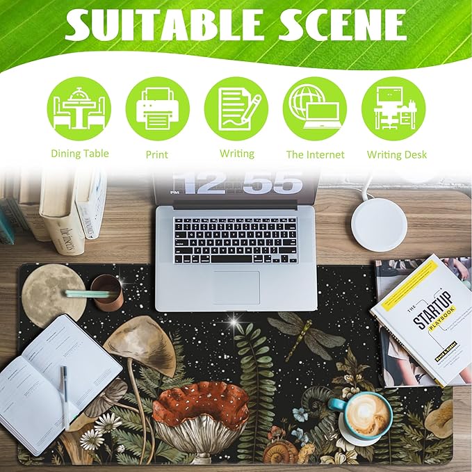 Eflxamz Large Gaming Mouse Pad for Desk,Cute Forest Mushroom Desk Mat,Starry Night Mushroom Desk Pad,Extended Big Computer Keyboard Mouse Pad with Non-Slip Base and Stitched Edge,35.4"x15.7"