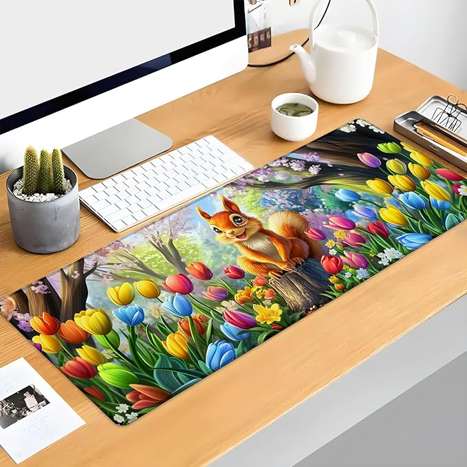 Kibue Adorable Squirrel Gaming Mouse Pad, Colorful Tulip Mousepads for Gaming Home Office Work, Extended Mats Computer Keyboard Laptop, 31.5×11.8 Inch Large Desk Mat with Non-Slip Rubber Base