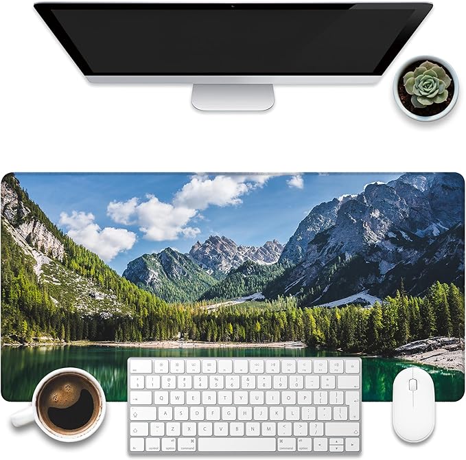 KOAIWPAE Desk Mat, Lake Mountain Landscape Desk Pad, The Alps Large Gaming Mouse Pad for Desk, 31.5"x15.7" Extended Big Computer Keyboard Mouse Pad with Non-Slip Base and Stitched Edge