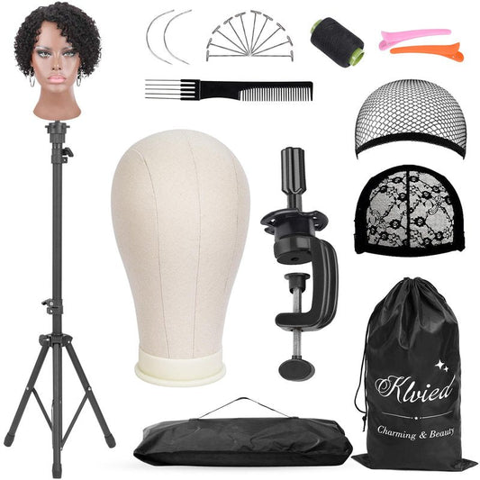 Klvied Wig Stand with 22 Inch Canvas Wig Head, Adjustable 34.64-51.48 Inch Tripod and Table Clamp Set for Wig Display, Basic Styling and Cosmetology Practice, with Carrying Bag