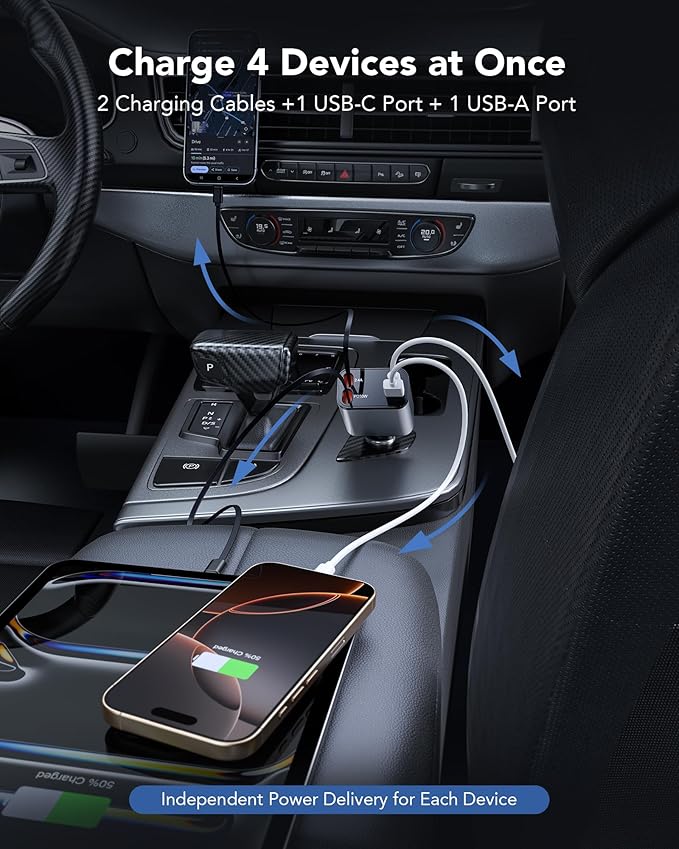 2026 Updated 85W Retractable Car Charger, 4-in-1 Fast Car Phone Charger with 2.6ft Two Retractable Cables and USB C+USB A Car Charging Block Cube, Compatible with iPhone 13 14 15 16 17 Pro Max, Plus