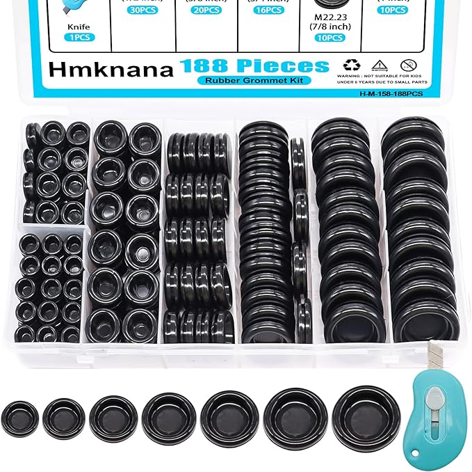 Hmknana Rubber Grommet Kit Closed Firewall Grommet 7 Sizes 7/25" 3/8" 1/2" 5/8" 3/4" 7/8" 1" Rubber Hole Plug Rubber Grommets for Wiring (188Pcs)