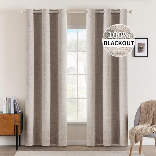 MIULEE Linen Blackout Curtains - 100% Room Darkening Thermal Insulated Grommet Panels | Khaki, 42" x 84" (2 PCs)