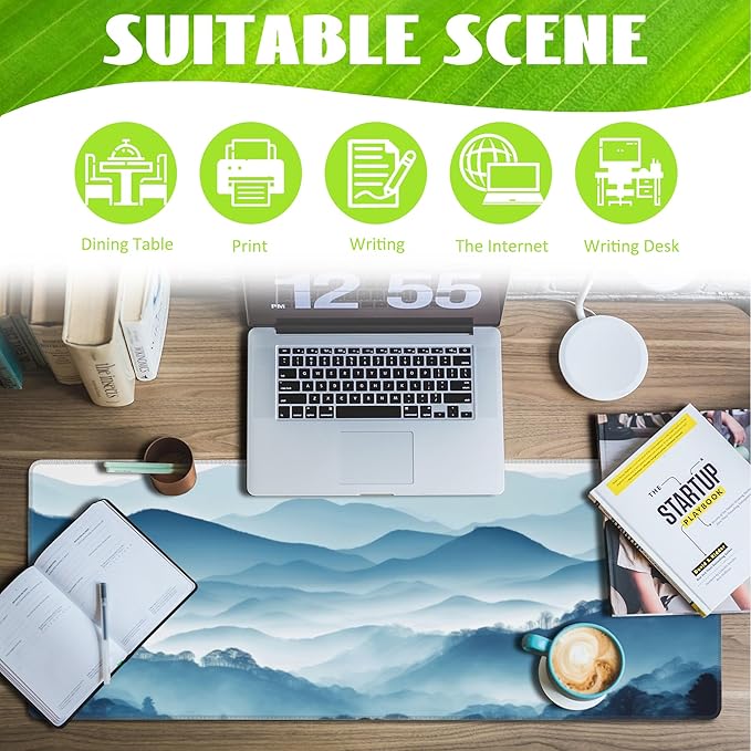Eflxamz Large Gaming Mouse Pad for Desk,Mountain Desk Mat,Misty Forest Mountains Desk Pad,Extended Big Computer Keyboard Mouse Pad with Non-Slip Base and Stitched Edge,31.5"x11.8"