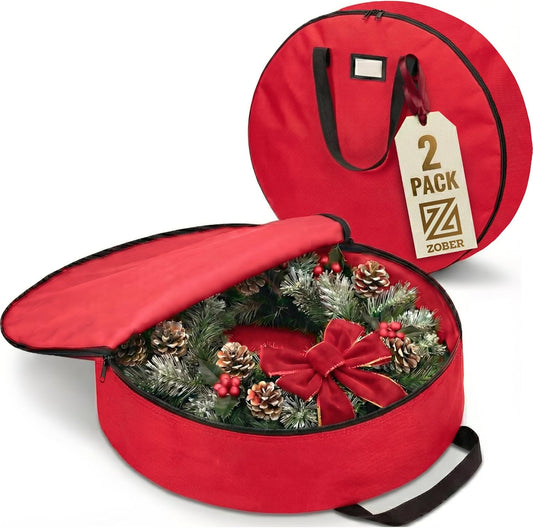 ZOBER Oxford Christmas Wreath Storage Container - 48 Inch Waterproof Wreath Bag with Dual Zippers & Strong Handles - Red