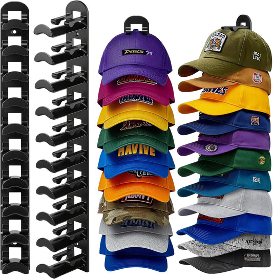 Skiennix Hat Organizer - Wall-Mounted Rack for Up to 20 Baseball Caps | Strong Adhesive & Screws - Black