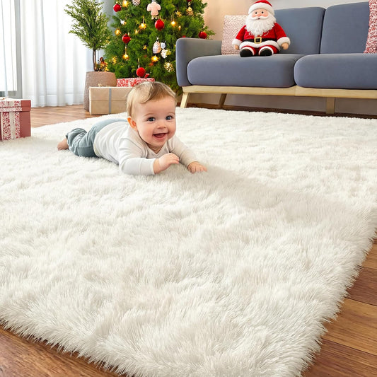 OLANLY Area Rugs - Soft, Fluffy Shaggy Indoor Carpet for Living Room & Bedroom | Ivory, 6x7 ft
