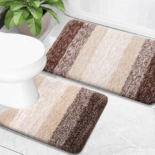 OLANLY Bathroom Rug Set - Soft Absorbent Microfiber Mats & U-Shaped Toilet Rug | Non-Slip, Machine Washable, Brown (24"x16" + 24"x20")
