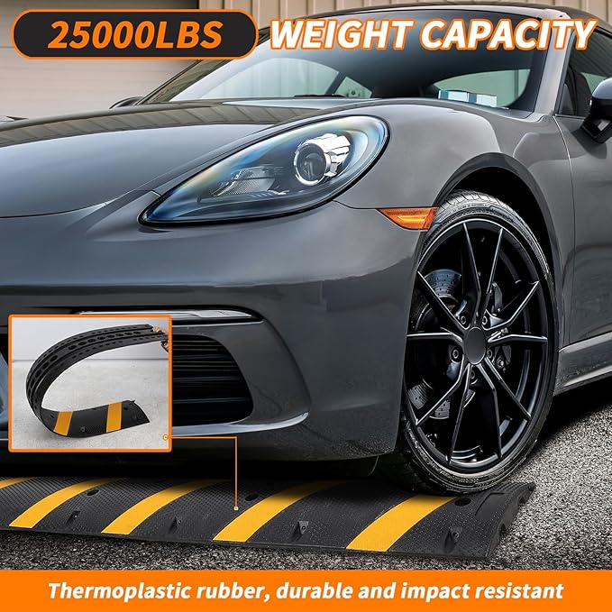 7 Ft Heavy Duty Speed Bump for Road, 84" Rubber Speed Bumps for Driveway, 1 Pack 2 Channel Modular Traffic Speed Bump Hump Cable Protector Ramps for Asphalt Concrete Gravel with 2 End Caps, 6 Spikes