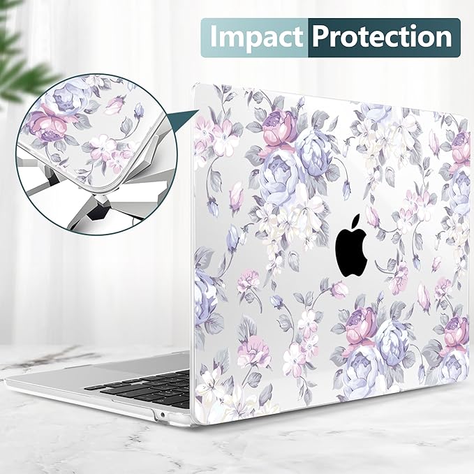 TWOLSKOO for MacBook Air 13 inch Case M5 2026 M4 2025 M3 M2 2024-2022 A3449 A3240 A3113 A2681, Plastic Hard Shell & Keyboard Cover & Screen Film for MacBook Air 13.6 inch Case, Purple Peony