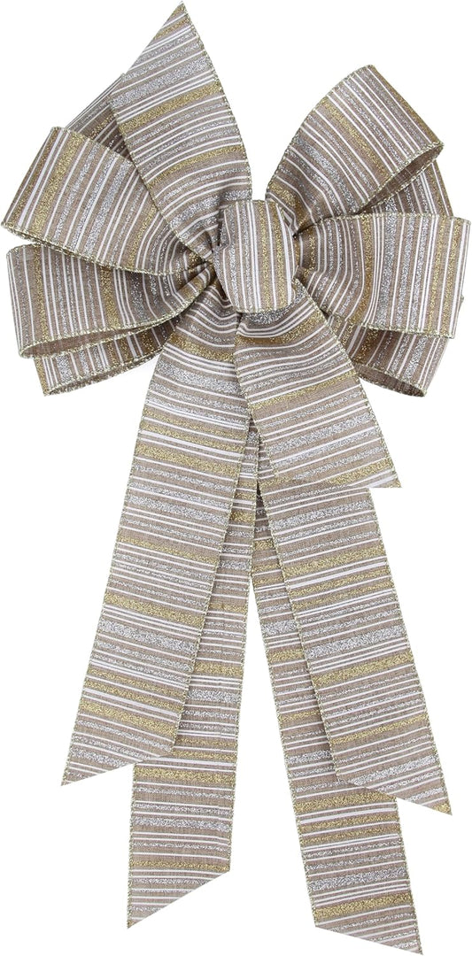 Meseey Large Burlap Ribbon Bow - Gold & Silver Glitter Stripe | 11 x 20 Inch for Christmas Gifts & Party Decor