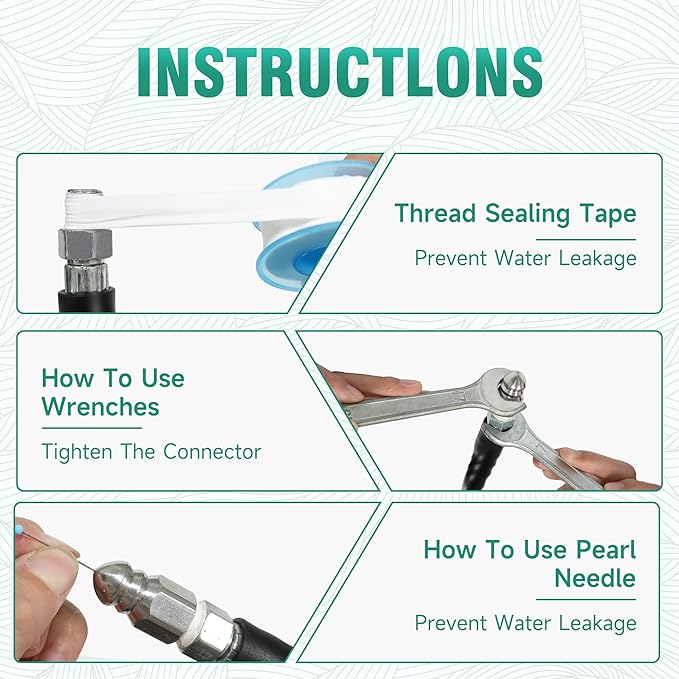 100FT Sewer Jetter Kit for Pressure Washer,1/4ââNPT Drain Cleaner Hose 5800PSI, With Adapter Corner Rotating Button Nose Sewer Jetting Nozzles Kit Pearl Corsage Pin Spanner Waterproof Tape