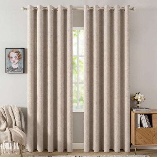 MIULEE Blackout Linen Textured Curtains - Thermal Insulated Natural Beige Drapes | 62 x 84 Inch (2 Panels)