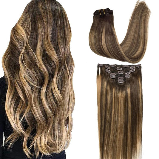Clip In Hair Extensions Real Human Hair 12Inch 120g 100% Remy Human Hair Extensions Clip Ins Invisible Seamless Straight Human Hair Clip In Extensions 7pcs Double Weft #4/27