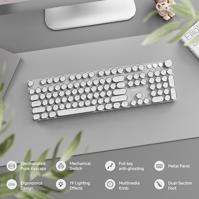 EWEADN Wired Typewriter Mechanical Keyboard, Quiet White Linear Switches Retro Punk Style with Media Knob, Elegant Backlit Metal Panel, 104-Key Round Keycaps Cute Keyboard for Windows PC - Pure White