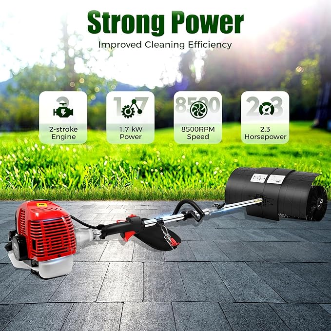 2-Stroke 52CC Gasoline-Powered Handheld Sweeper, 1700W 2.3HP Artificial Turf Cleaning Tool, Driveway Lawn Artificial Grass Snow Sweeper