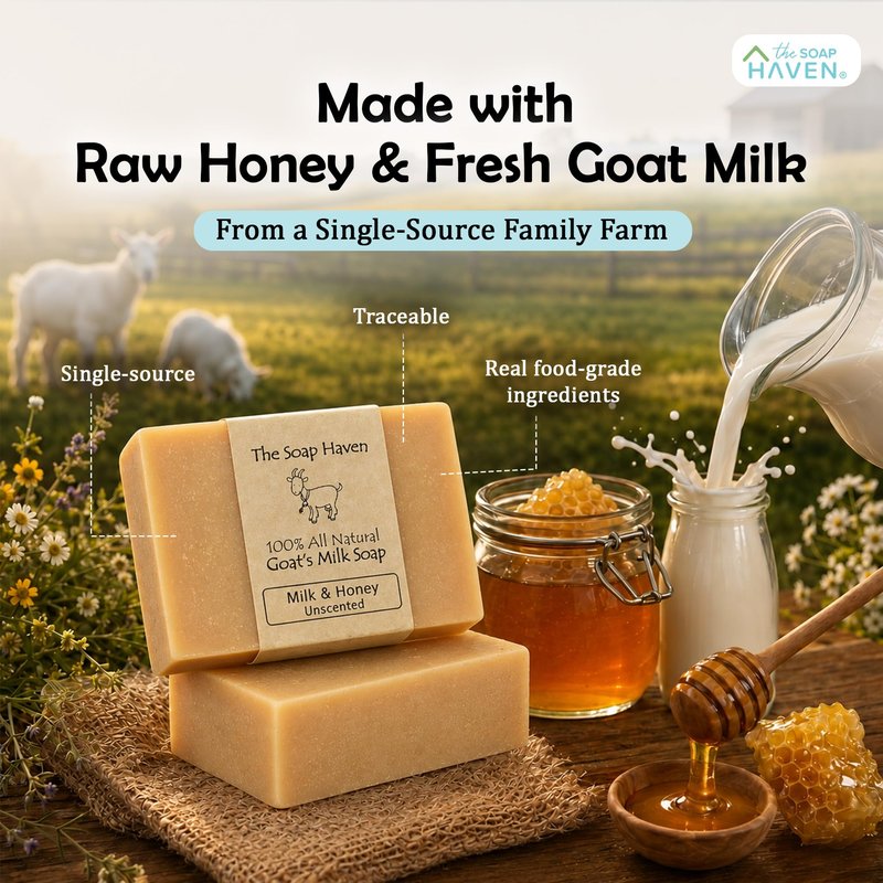 4 Goat Milk Soap Bars with Honey - Handmade in USA. All Natural Soap, Unscented, Fragrance Free, Fresh Goats Milk. Wonderful for Sensitive Skin and Babies. SLS, Paraben, GMO-Free