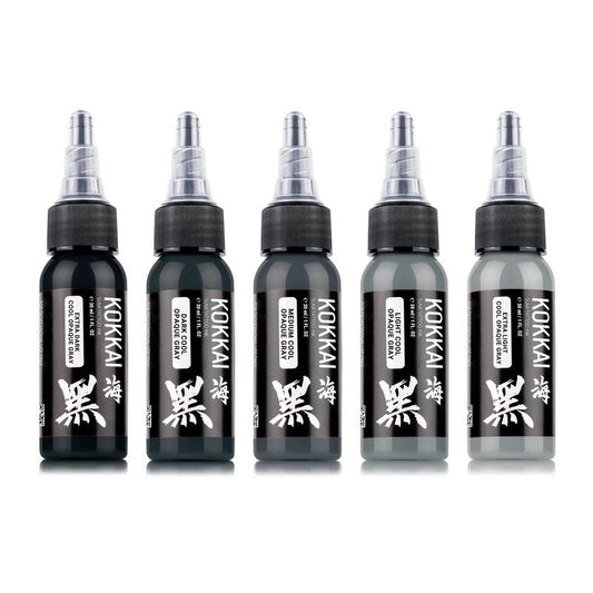Kokkai Sumi Cool Opaque Gray Tattoo Ink Set, Premium Quality, Precision Medium Viscosity, Rich Hue, Quick Healing, Acrylic-Free, Water-Based, Ready-to-Use Ink for Precision Tattooing (Set of 5, 1 oz)