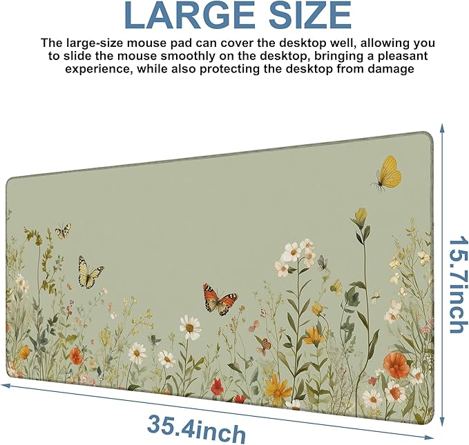 NITAHHHY Large Mouse Pad Wildflowers Gaming Desk Pad Computer Keyboard Non-Slip Waterproof Mouse Mat with Rubber Base and Stitched Edges Entertainment Office Writing Desk Mat 35.4 x 15.7 Inches