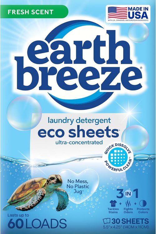 Earth Breeze Laundry Detergent Sheets - Fresh Scent, Eco-Friendly & Travel-Friendly - 60 Loads, 30 Ct