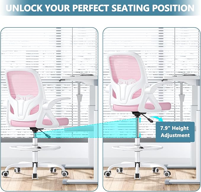 Kensaker Drafting Chair Tall Office Chair, Ergonomic Standing Desk Chair with Adjustable Foot Ring and Flip-up Armrests, Mesh Computer Chair for Art Studio, 300 LBS, Pink