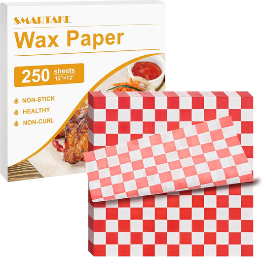 SMARTAKE 12 x 12 Inches Non-Stick Wax Paper - 250 Pcs Red Plaid Hamburger Patty & Sandwich Separators