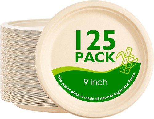 Eco-Plate 9-Inch Compostable Paper Plates - Biodegradable Heavy-Duty Round Plates | 125 Pack, Unbleached Brown