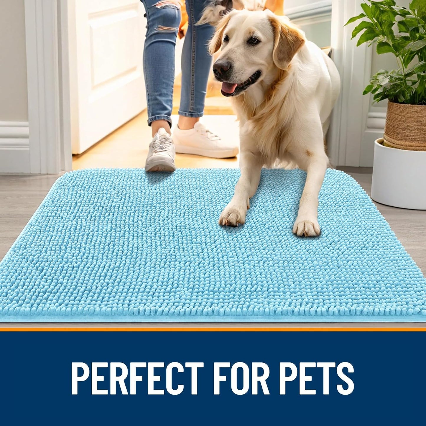 OLANLY Dog Door Mat - Absorbent Non-Slip Washable Chenille Mat for Muddy Paws | 40x32 Blue