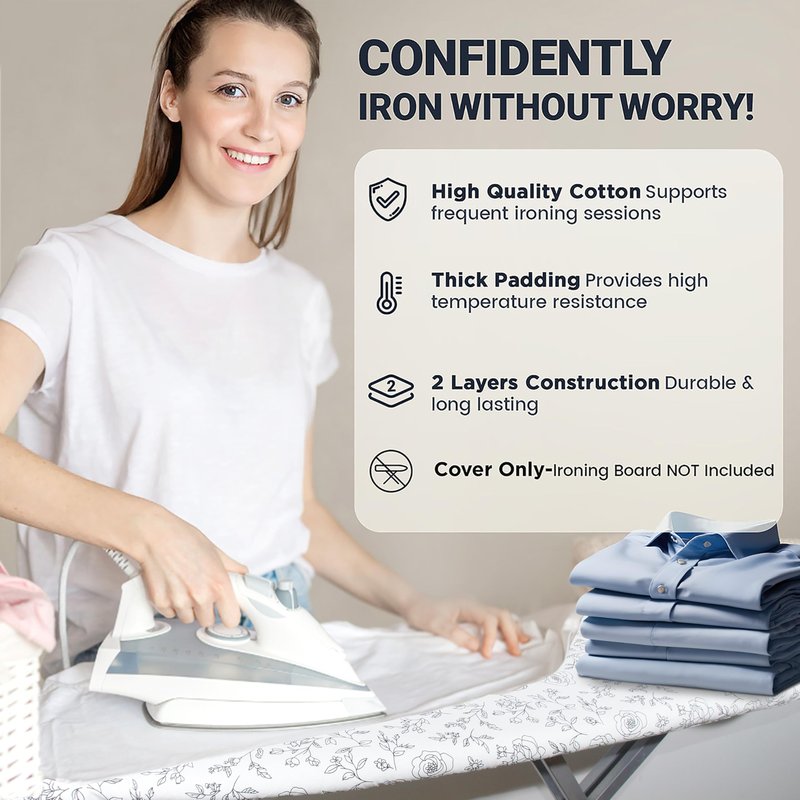 UniSimp Ironing Board Cover and Pad 15"x54" Extra Thick Natural Cotton, Scorch and Stain Resistant Padding, Standard Size Iron Board Cover with Fasteners Heavy Duty Elastic Edge, Heatproof Rose