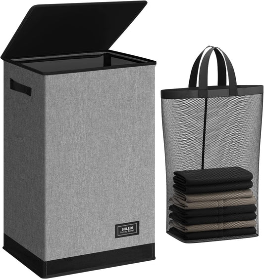 SOLEDI Laundry Hamper - 90L Large Collapsible Basket with Lid & Removable Bag - Grey