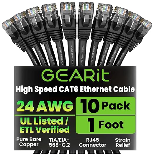 GEARit Cat 6 Ethernet Patch Cable 1 ft Black (10 Pack) Cat6 Patch Cables 1ft Black/Ethernet Patch Cable, 10Gbps 550MHz 24AWG Pure Copper, Snagless, Gold Plated RJ45 for Router, Server, Router, PC