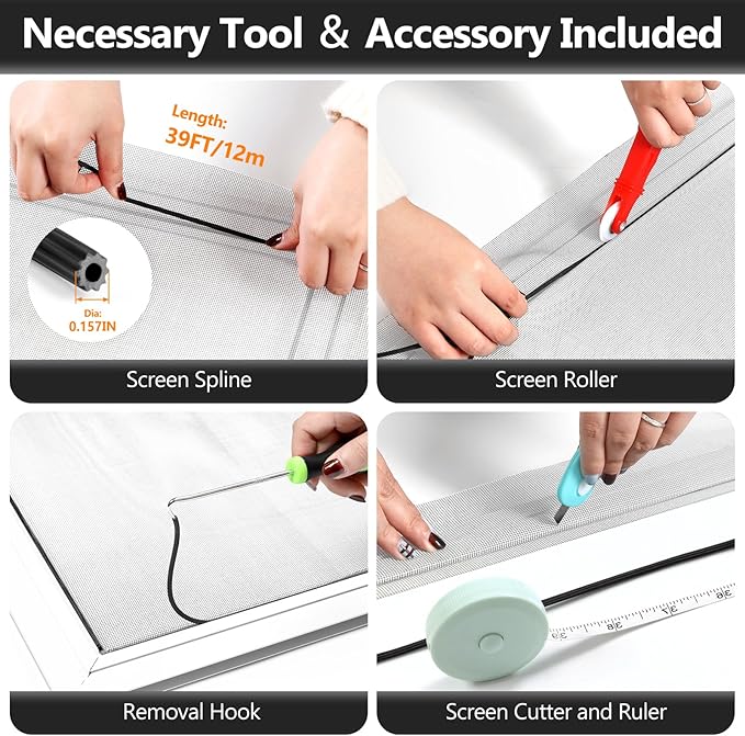 Secopad Window Screen Door Repair Kit, 59" x 159" Screen Door Mesh Replacement Kit, Durable Fiberglass Mesh Roll with Tools for Windows Doors Patio and Porch Replacement, Grey