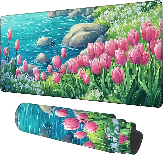 NITAHHHY Large Mouse Pad Blooming Tulips Gaming Desk Pad Computer Keyboard Non-Slip Waterproof Mouse Mat with Rubber Base and Stitched Edges Entertainment Office Writing Desk Mat 35.4 x 15.7 Inches