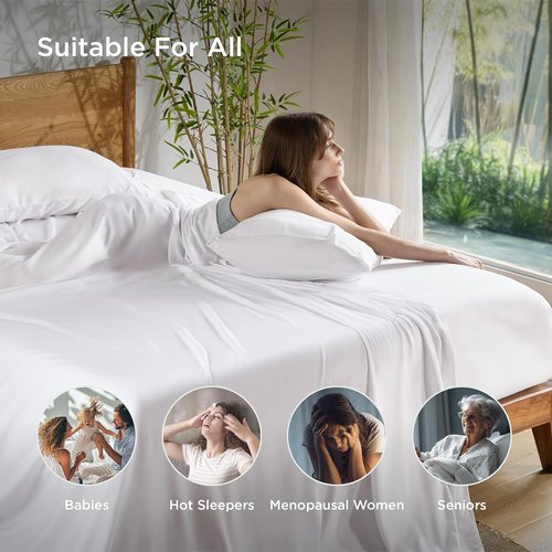 Bedsure Queen Sheet Set - Cooling Rayon Bamboo Sheets | Breathable & Soft, Deep Pocket Up to 16" - White